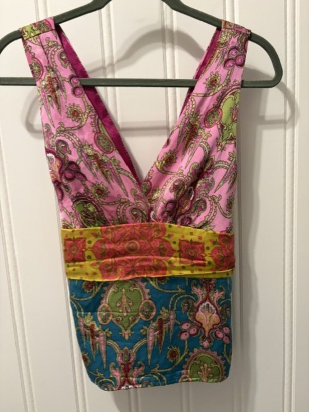 Vintage Alice & Trixie Y2K 100% Silk Paisley Wrap Tie Tank Pink Teal Boho Large